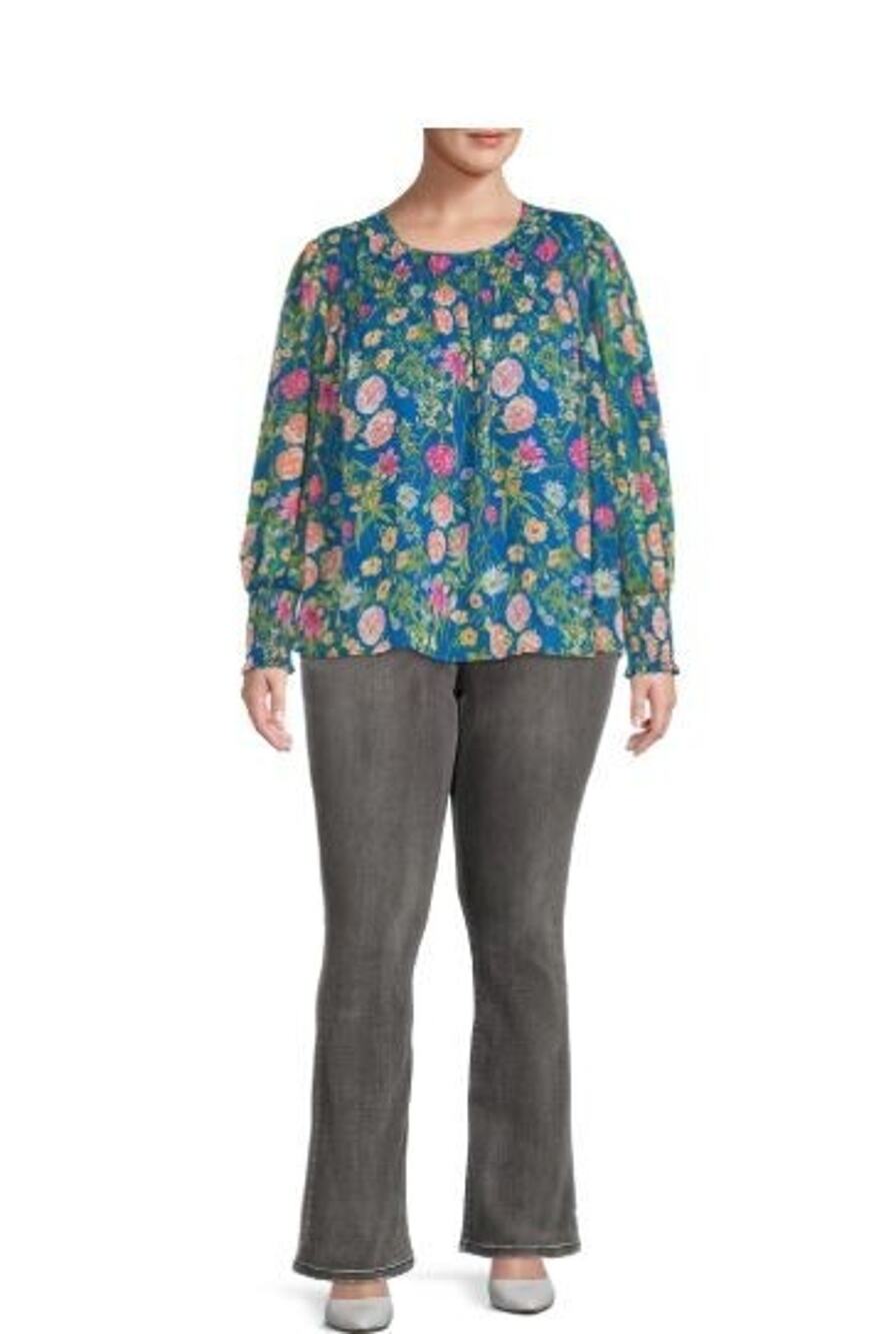 Terra & Sky Floral Chiffon Smocked Blouse Plus Size 3X 24 26 NWT